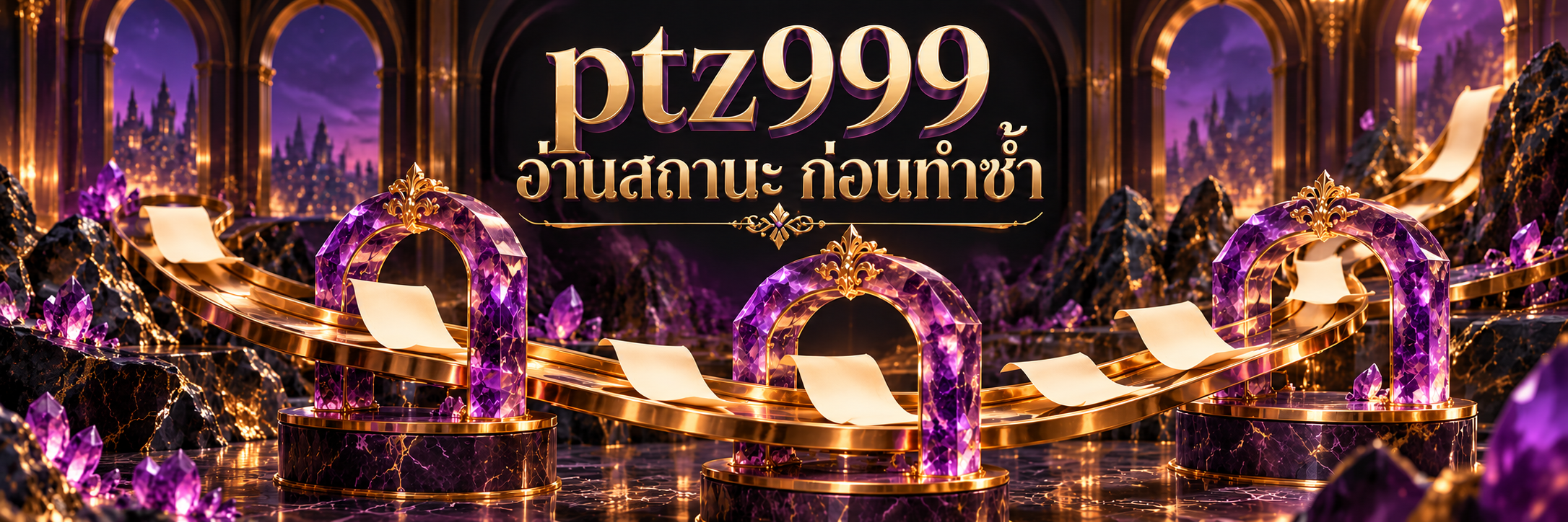 กระดาษคำขอว่างบนรางทองผ่านกรอบม่วงสามกรอบ